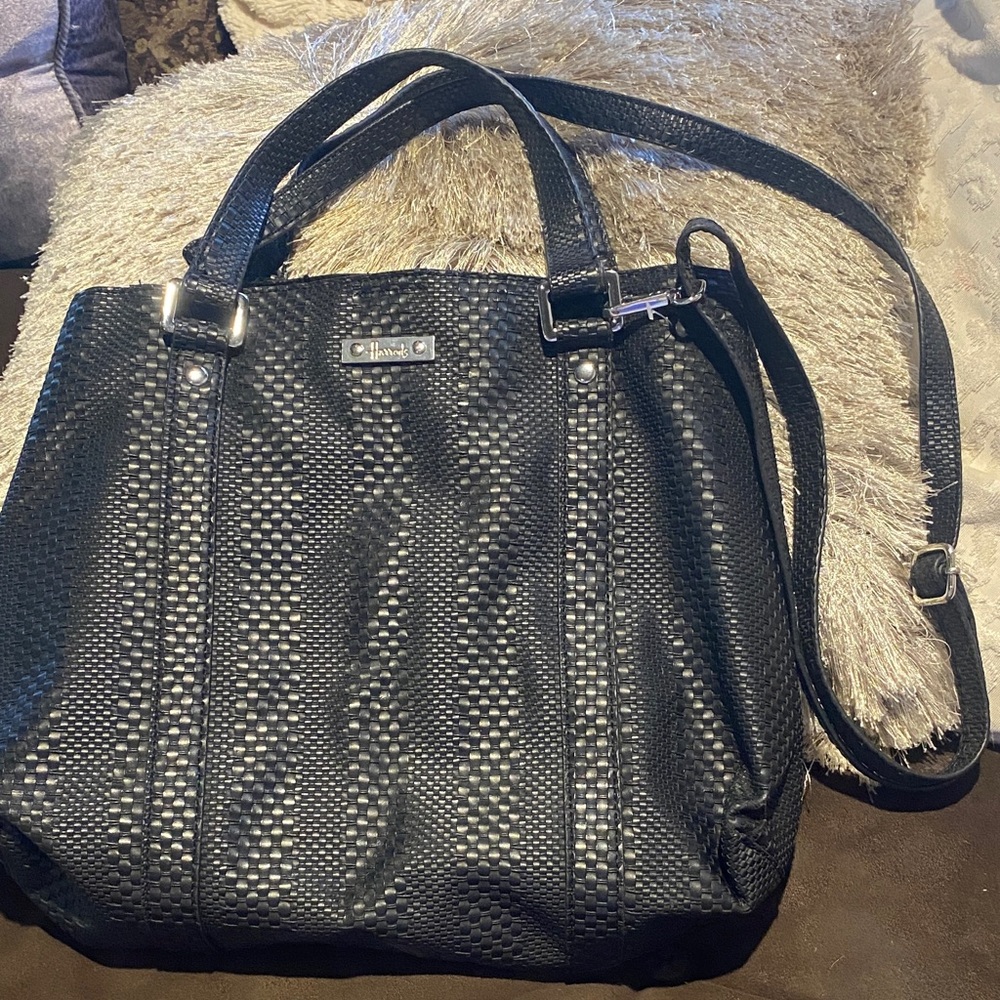 Harrods UK England Black Woven-Texture Adjustable Shoulder Handbag tote Bag